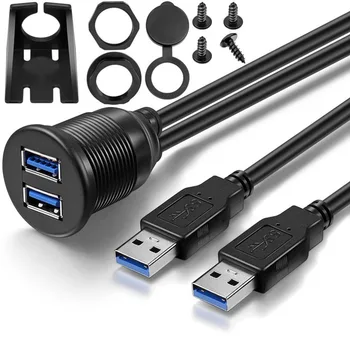 

USB 2.0 Port Male to Female Extension Cable Waterproof Flush Mount Dual USB Dock Adapter Dashboard Pan for Car Motorcycle