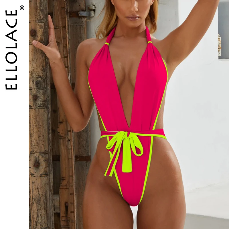 Bikini Sexy Thong One-Piece swimsuit Swimwear Women Ellolace Biquinis Beach-Wear High-Cut