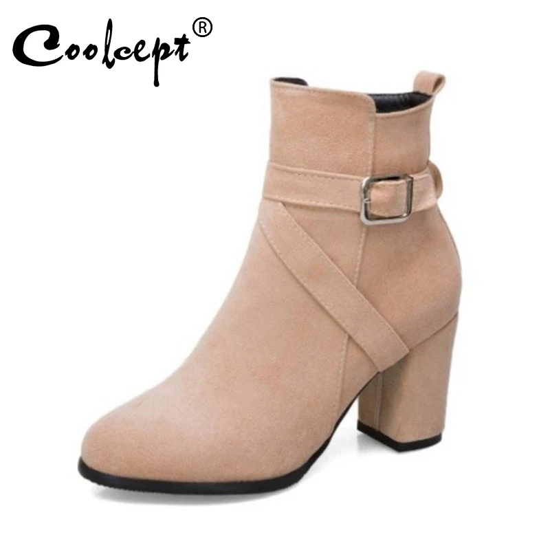 

Coolcept Plus Size 33-52 Women Ankle Boots Winter Zipper Warm Fur Shoes Woman Cross Band Buckle Round Toe High Heels Boots