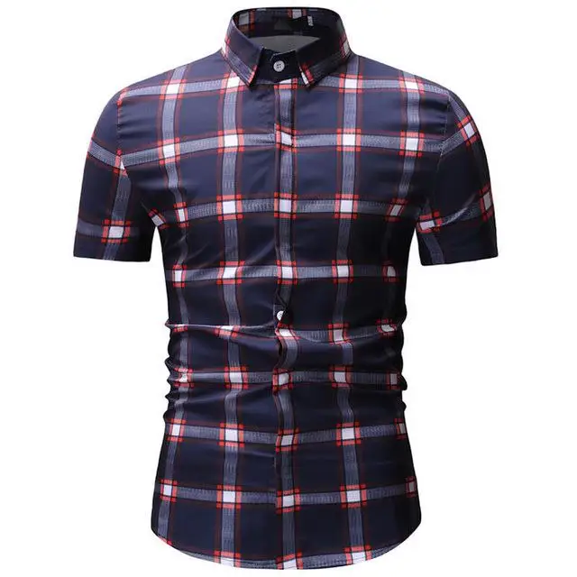 Men's plaid pocket shirt new design men's slim short sleeve dress shirt casual men's shirt Chemise Homme Camisa Social XXXL - Цвет: YS13 red grid