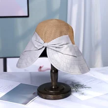 

Patchwork Large Brim Raffia Bow Sun Hat Wide Brim Floppy Summer Hats For Women Beach Panama Straw Dome Bucket Hat Shade Hat caps