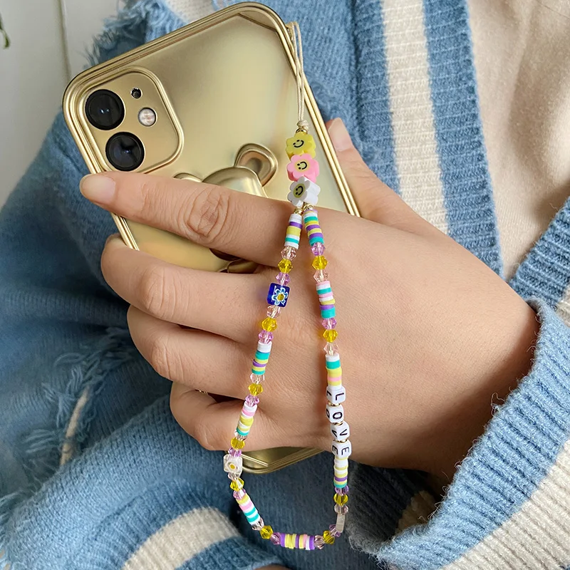 New Multicolor Mobile Phone Chain Handmade Strap Lanyard Beads Smile LOVE Letter Charm Anti-lost Cellphone Case Rope For Women 