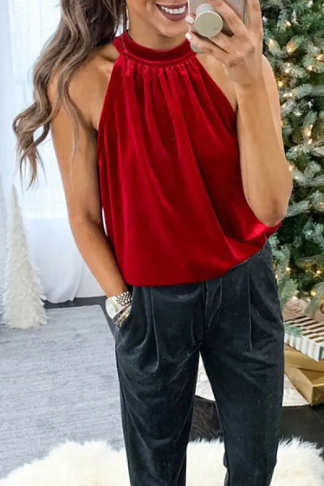 

2019 Summer Sexy Top Female High Street Women Off Shoulder Loose Crop Vest Velvet Halter Solid Top Sleeveless Clubwear