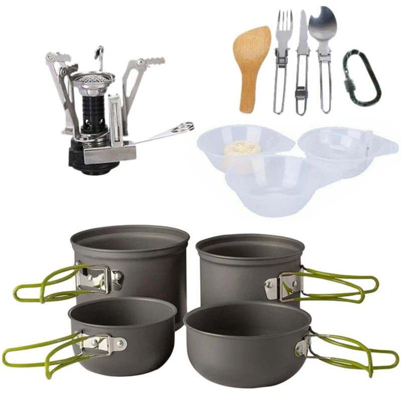 

Aluminum Alloy Camping Pot Hiking Picnic Tourist Tableware Set with Folding Spoon Mini Gas Stove Outdoor Camping Trip Cookware