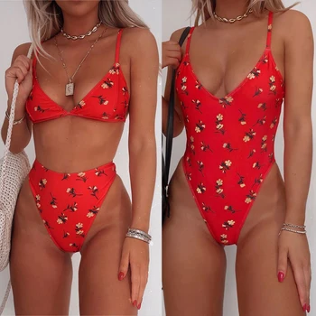 

2020 Sexy Two Piece Red Bikini Set Separate Swimsuits One Piece Women's Bathing Suits Female Tankini High Waist Swimwear Summer