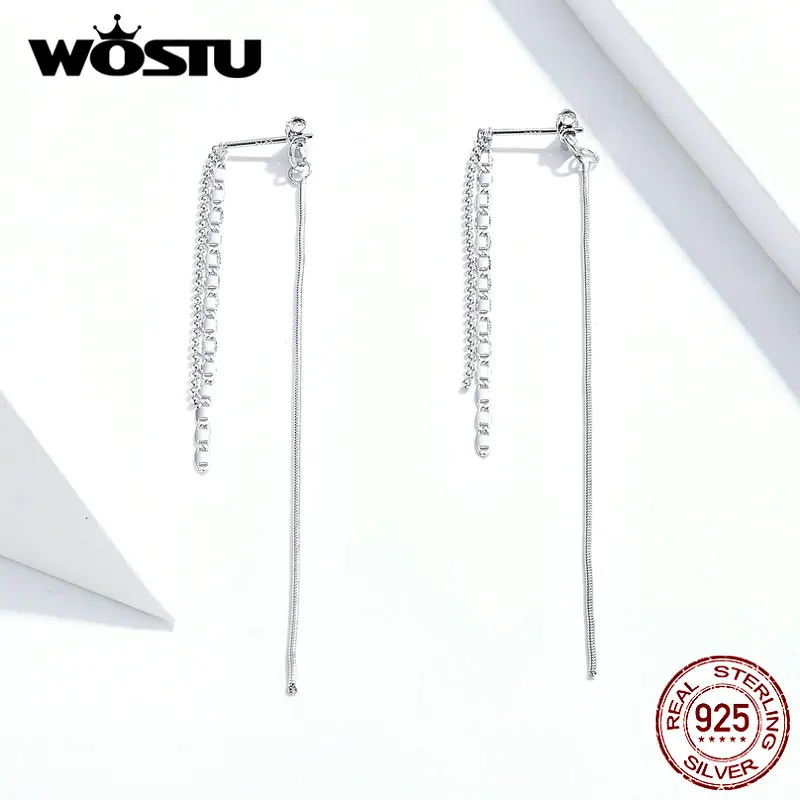 WOSTU подлинные 925 пробы серебряные серьги-нити, серьги для женщин, простые нежные длинные кисточки, модные ювелирные изделия, изготовление BKE790
