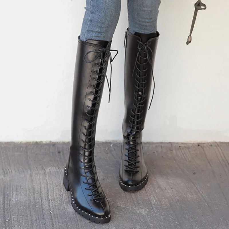 Chic Womens Knee High Boots Motorcycle Knight Boots Black Lace Up Shoes Square Heel Med Heels Shoes B07