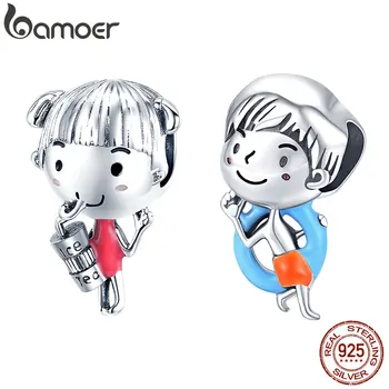 

bamoer Summer Holiday Enamel Series Girl and Boy Charm Genuine 925 Sterling Silver Charm for Original Silver Braelet SCC1525