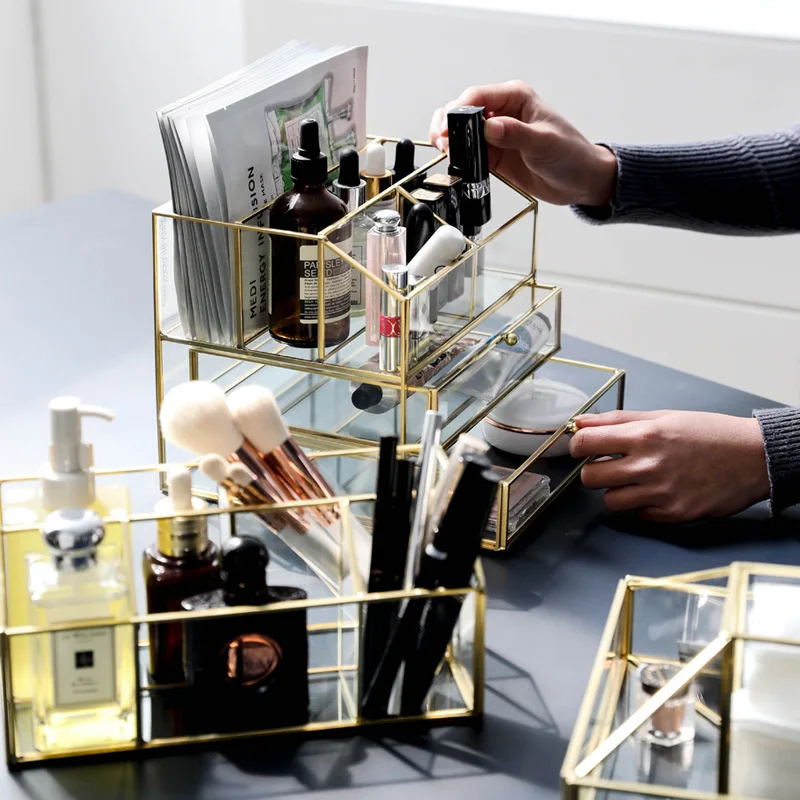 

Northern Europe Ins Phnom Penh Glass Brass Accept Frame Box Desktop Jewelry Glove Box Cosmetics Mesh Division Arrangement Box