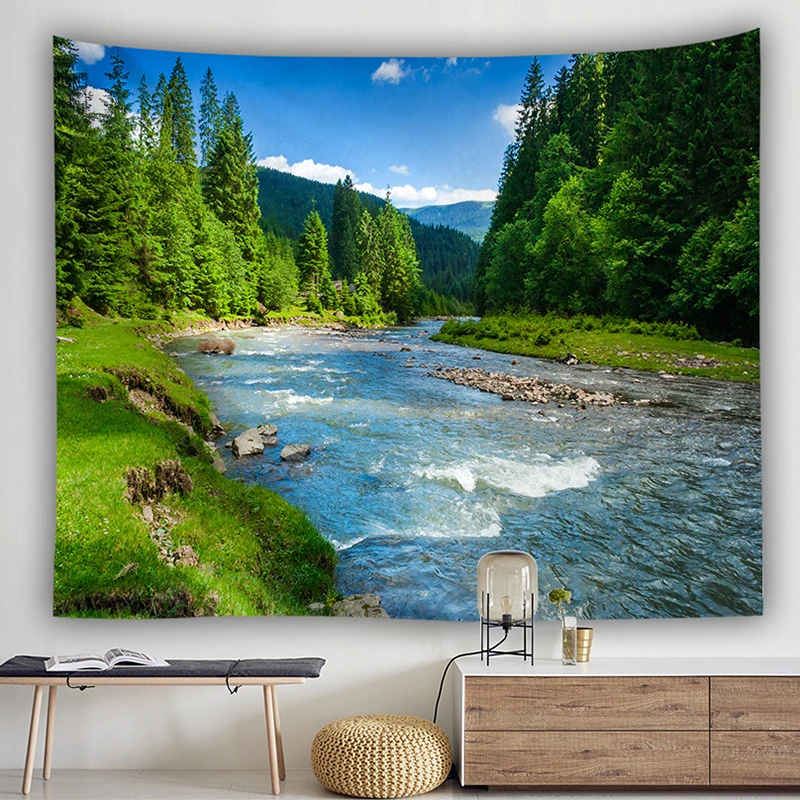 Wall Hanging Tapestry Landscape River Scenic Curtain Flower Tree Beach Mat Blanket Tablecloth Carpet | Дом и сад