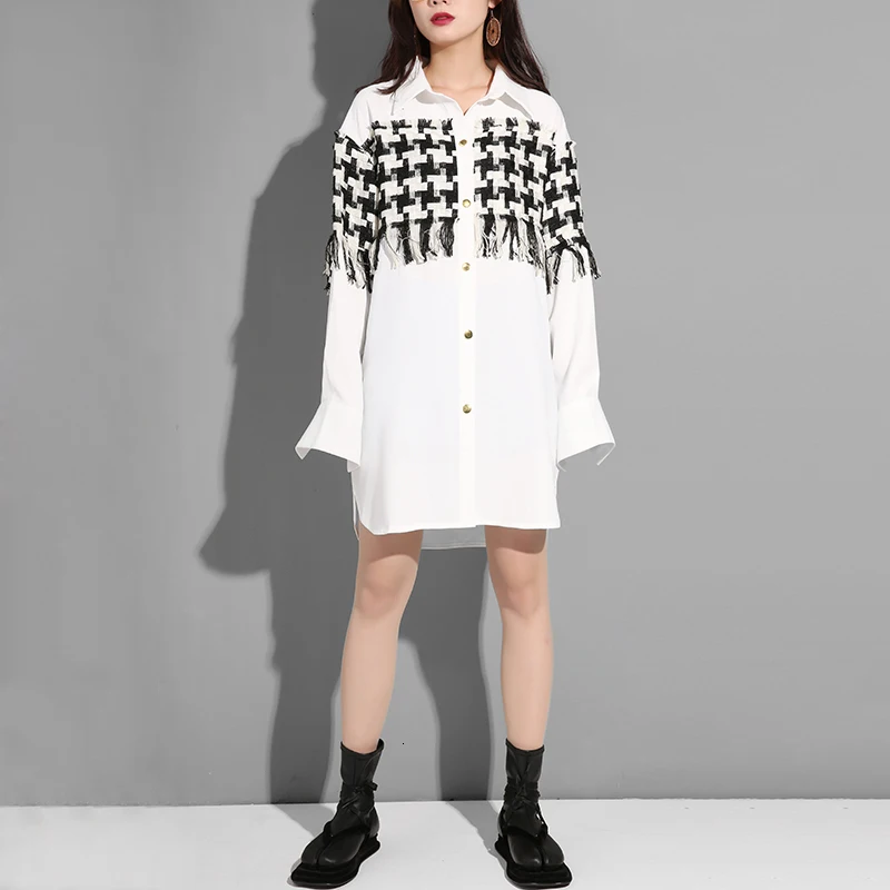[EAM] Новое весеннее винтажное клетчатое платье-рубашка в стиле пэчворк с кисточками и отложным воротником с длинным рукавом Женская мода YE6460