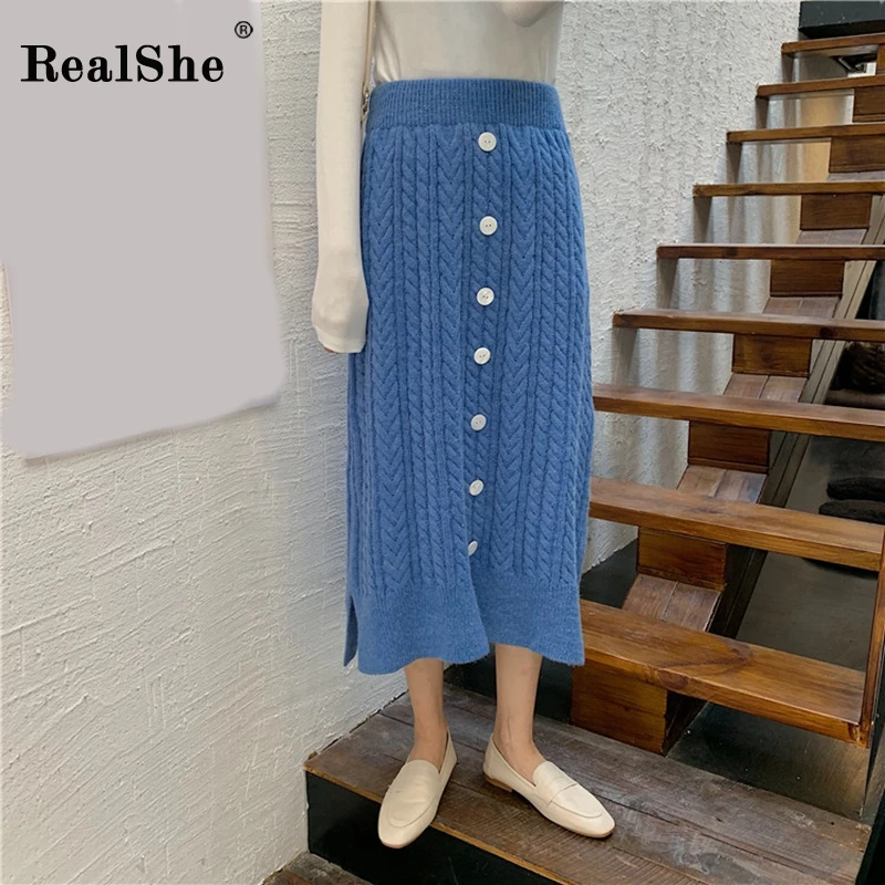 RealShe, Женская юбка средней длины с высокой эластичностью, длинные юбки на пуговицах, Женская юбка макси, однотонная, с разрезом, Jupe Femme,, Весенняя трикотажная юбка