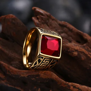 

UUNICO Ring for Man Gold-color Red Square Stone Titanium Stainless Steel Men Ring Fashion Ring