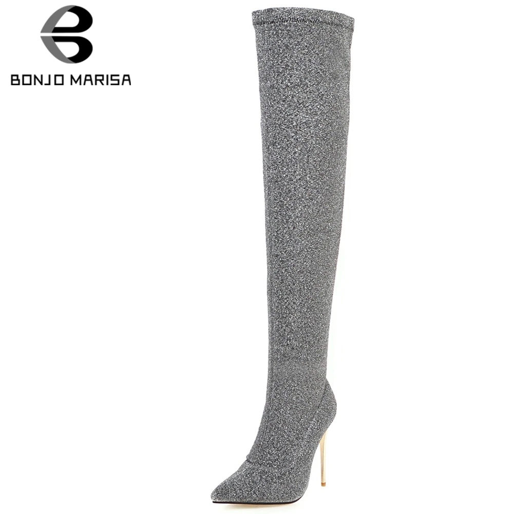 

BONJOMARISA Ins Female Thigh High Boots Flock Pointed Toe Sexy Boots Women 2020 Thin Heels Winter Party Shoes Woman