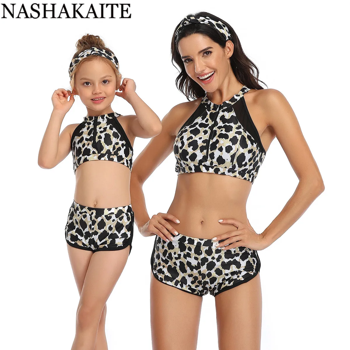 Black Lepard NASHAKAITE купальник для мамы и дочки, высокая эластичная сетка, жилет, дизайн, одинаковые купальники, комплект бикини для мамы и дочки, семейный образ - Цвет: Black Lepard