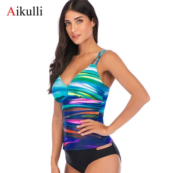 

Aikulli Gradient Color Swimsuit Two Piece Tankini Women Sexy Push Up V-Neck Bandage Criss Cross Back Swimwear Print Bathing Suit