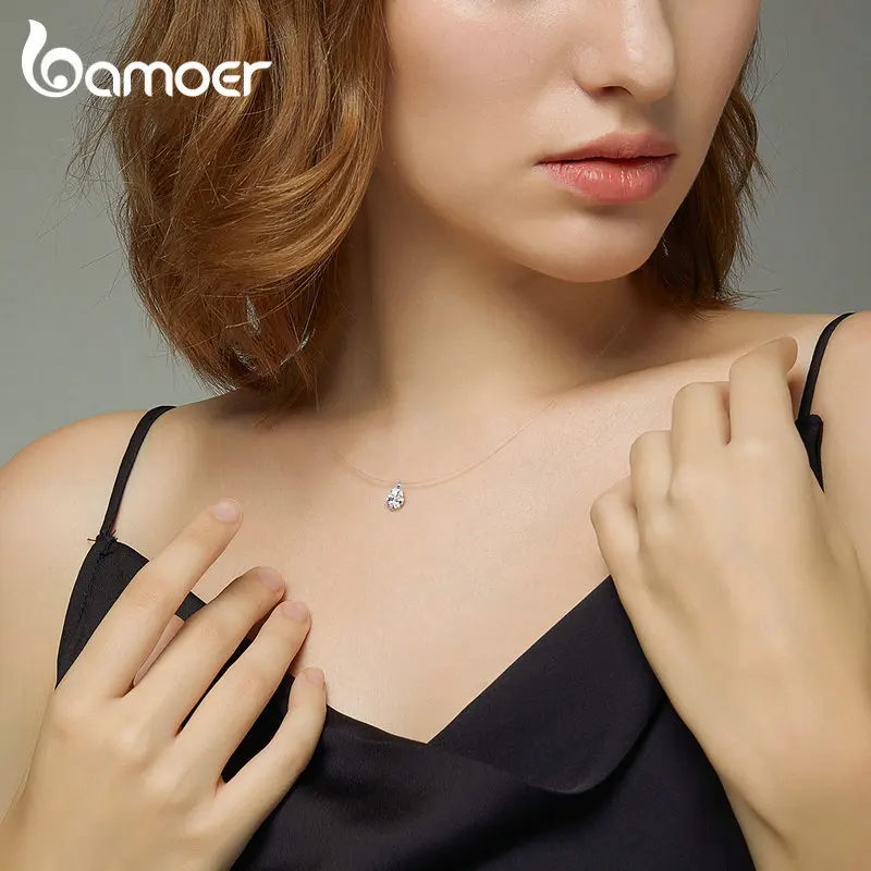 Bamoer, 925 пробы, серебряное, невидимое колье, ожерелье для женщин, капля воды, квадратный треугольный кулон, ожерелье для женщин, Bijoux SCN332-D