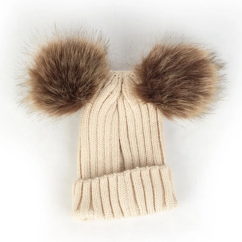 Geebro/Новая модная детская зимняя вязаная шапка в полоску для маленьких мальчиков и девочек, 2 шапки с бубоном - Цвет: 939-Beige