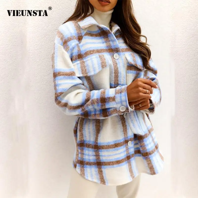 Женский офисный кардиган с отложным воротником повседневный Клетчатый жакет на