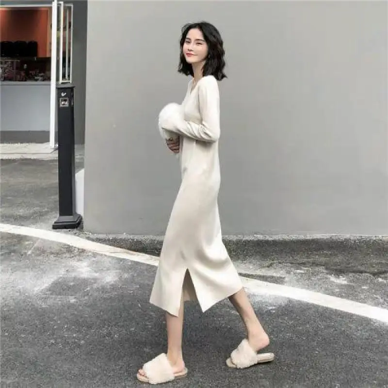 

Womens Autumn Winter Loose Lazy V Neck Knitting Over Knee Dress 2019 New Womans Fashion Slit Medium Long Sweater Slim Dresses