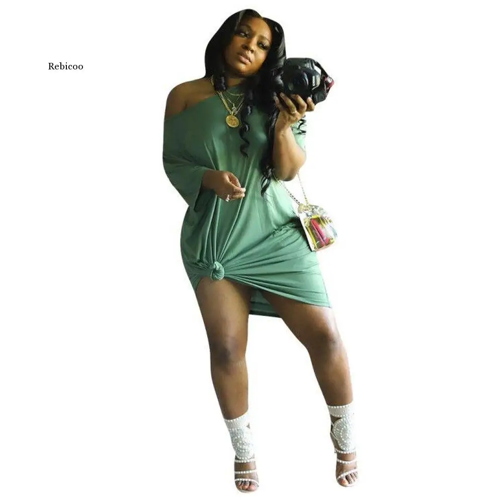 

One Shoulder Casual Bandage Shirt Dress Women Short Sleeve Backless Club Party Dress Summer Female High Waist Package Hip Dress