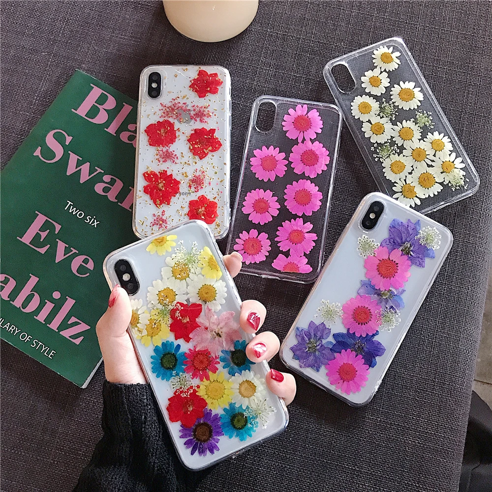 

Real Dried Flower Handmade Phone Cases For iPhone X XS Max XR 6 6S 7 8 Plus Coque Silicone TPU Clear Floral Cover Cases Fundas