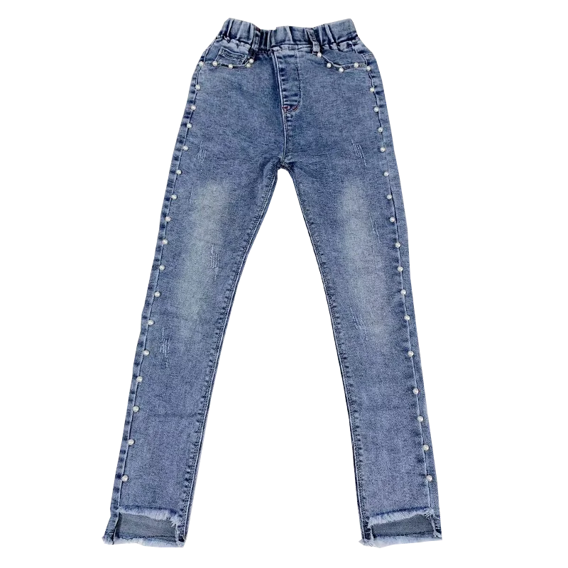Джинсы 7/8 г. Новые джинсовые брюки с жемчугом для маленьких девочек джинсы для девочек г. Весенне-осенняя одежда для детей детские штаны повседневные брюки - Цвет: Синий