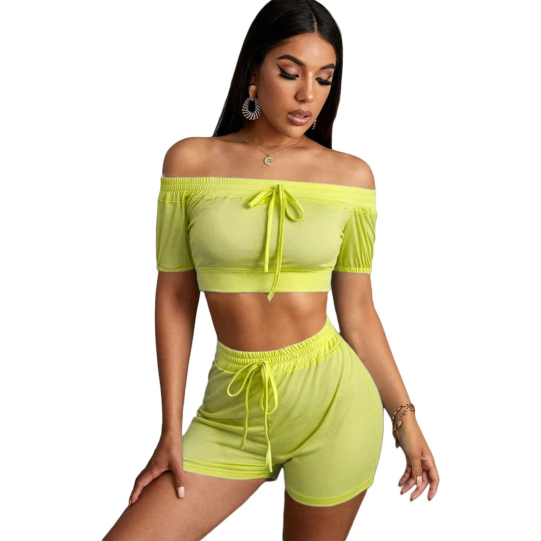 

Zoctuo Solid Two Piece Short Set for Women 2020 Summer Tracksuits Slash Neck Two Piece Sets Short Sleeve Casual Two Piece Set