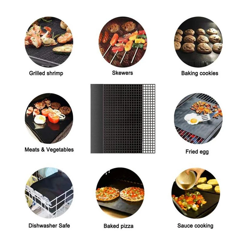 Non-stick Barbecue Mat Reusable Heat-Resistant BBQ Baking Pad Foil Oilpaper with Food Clip Oil Brush Baking Net Liner