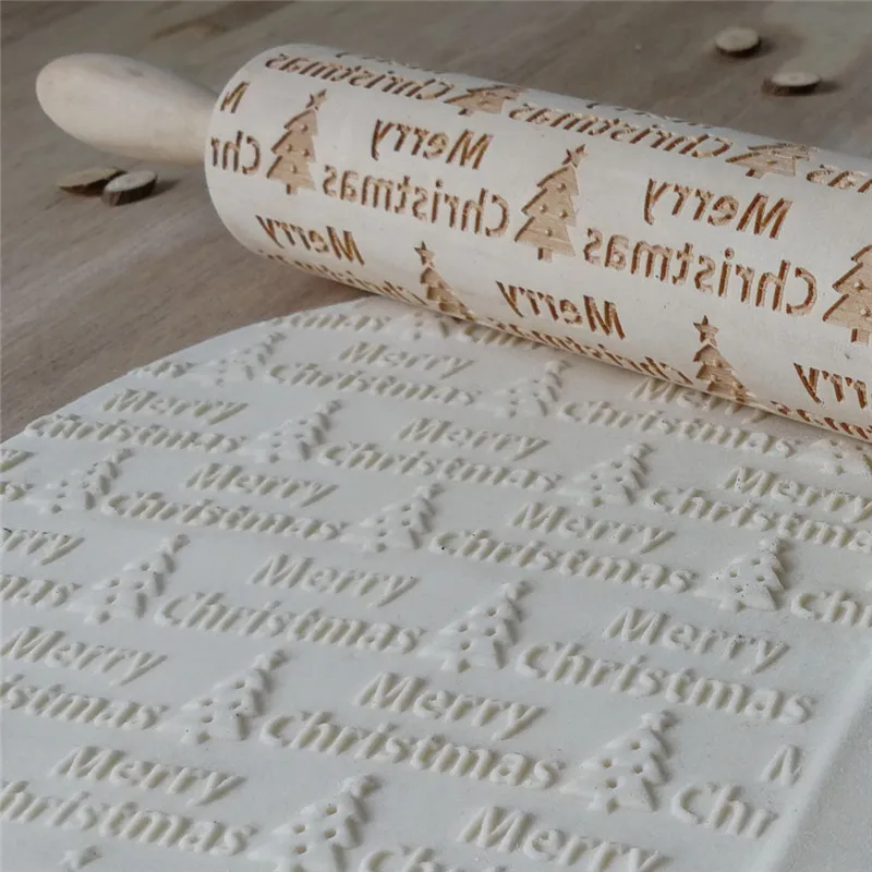Wooden Christmas Embossing Baking Cookies Biscuit Cake Engraved Roller Elk Letters Pattern 35cm*4.3cm