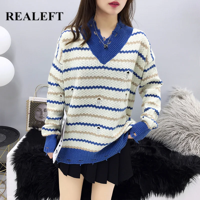 

REALEFT Autumn Winter Long Sleeve Women's Pullover Sweater Fashion V-Neck Striped Casual Knitted Sweater Female 2019 New Arrival