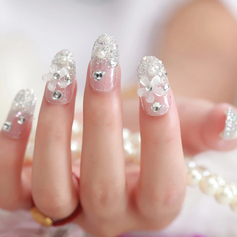 24pcs/set Pre-Design Flower Diamond Wearable Fake Nails Bride Manicure Tools Square Artificial Nail