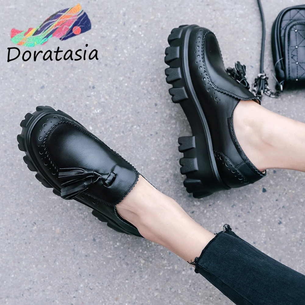 

DORATASIA Retro Girl Platform Chunky Heel Slip On Fringe Brogue Flats Genuine Leather Flats Women Spring Autumn Shoes Woman