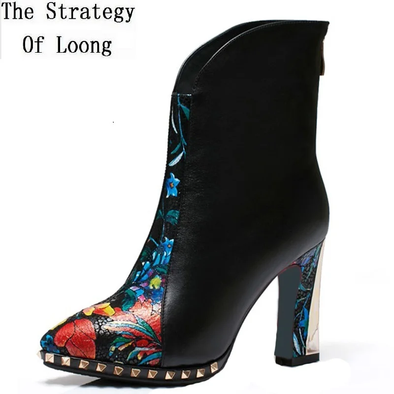 

Women Spring Autumn Winter Thin High Heel Genuine Leather Retro Rivets Back Zipper Pointed Toe Ankle Boots Size 33-40 SXQ1007