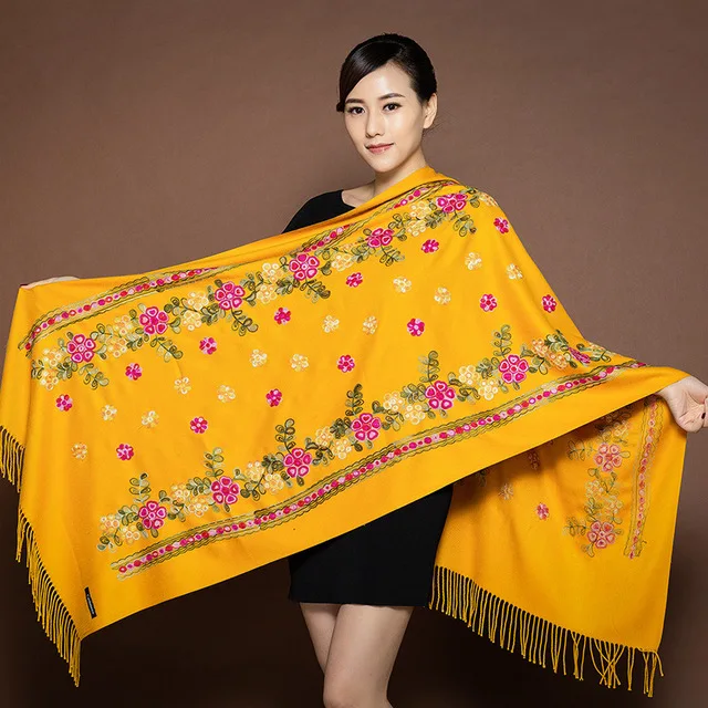 Брендовый дизайнерский женский вышитый цветок пашмины шарф женский кашемировый длинный шарф дорожное одеяло теплый палантин Warps - Цвет: yellow