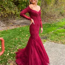 Бургундия Кружева с плеча Русалка выпускного вечера платья с длинным рукавом Формальные Вечерние платья Robe De Soiree
