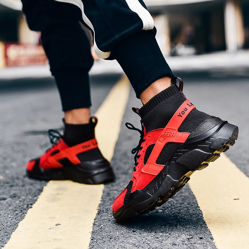 New High Top Platform Sneakers Men Fly Weave Stretch Sock Shoes Hip Hop Street Men Chunky Black Red Trainers Sneakers Thick Sole