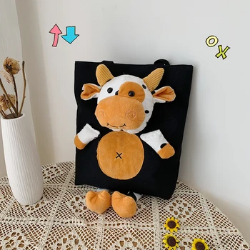 

Foldable Reusable Shopping Travel Bags Women Canvas Shoulder Shopping Bag Cute Cow Doll Lady Daily Top-handle Handbags