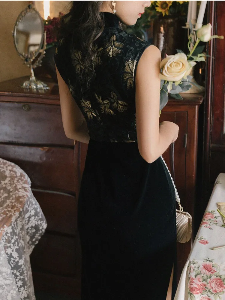 Элегантное тонкое китайское платье Qipao, высокое качество, классическое женское бархатное платье Cheongsam, платок с пайетками, сексуальное длинное платье с разрезом, комплект из двух предметов
