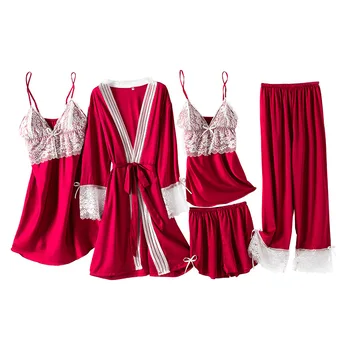 

Sexy Female 5PCS Pajamas Set Bride Bridesmaid Wedding Robe Silky Pijamas Satin Sleepwear Lace Nightgown Nightwear Homewear