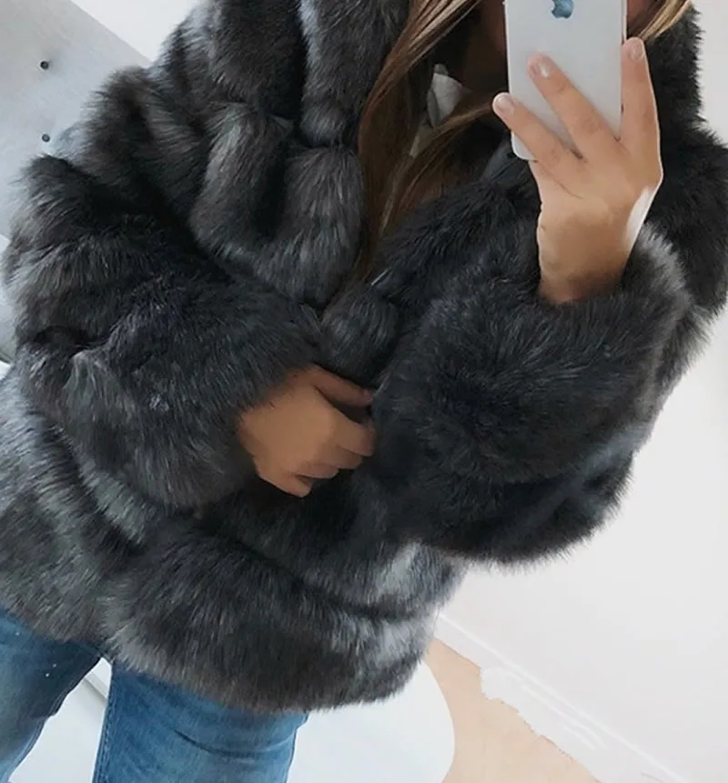 dark grey Пальто из искусственного меха с капюшоном, женское однотонное, розовое, серое, черное, зимнее пальто с мехом, женская, плюс размер, Укороченная шуба, шуба, уличная верхняя одежда - Цвет: dark grey