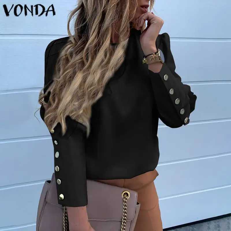 VONDA, Офисная Женская блузка на пуговицах сзади, женские рубашки, Сексуальные вечерние топы, осень, богемная туника, повседневные свободные блузы размера плюс