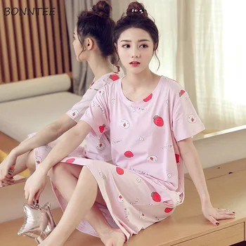 

Nightgowns Women Summer Kawaii Leisure Breathable Short Sleeve Printing Cartoon Students Cotton Sleepwear Womens Nightdress Cute