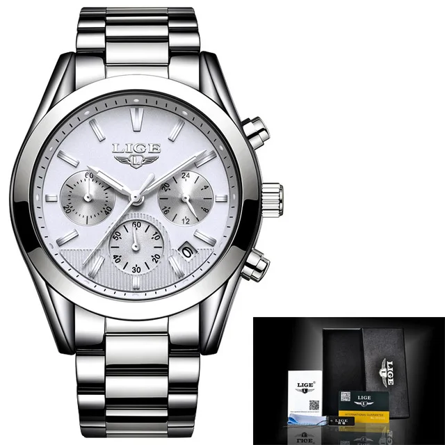 steel silver white Montre Homme Часы для мужчин люксовый бренд LIGE Хронограф Мужские спортивные часы водонепроницаемые полностью Стальные кварцевые мужские часы Relogio Masculino - Цвет: steel silver white