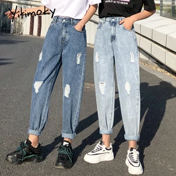 

blue elastic waist ripped jeans for women high waist plus size denim pants mom jeans fashionn woman Hollow Out Washed 2020 new