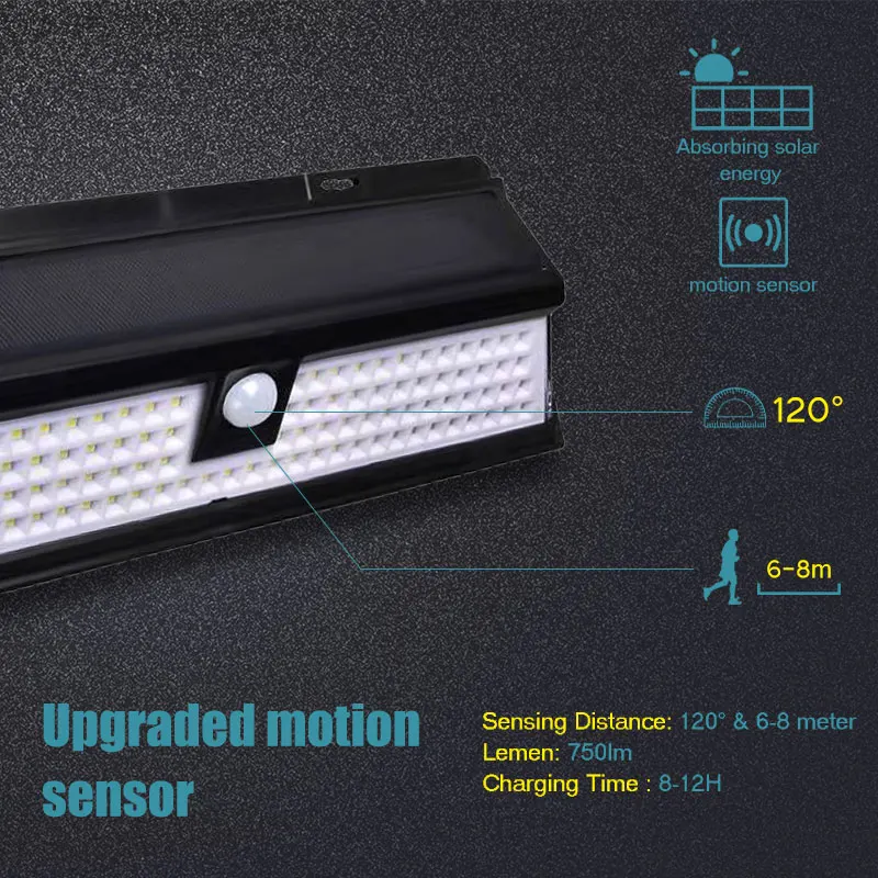 118 LED Solar Light Outdoor Solar Lamp Motion Sensor Solar Powered Spotlight 3 Modes Wall Sunlight For Street Garden Decoration (14)