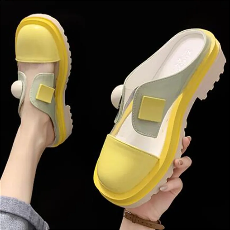 

Summer Women Mules Chunky Slippers Platform Designers Fashion Woman Round Toe Leather Wedges Shoes Ladies Outside Casual Slide