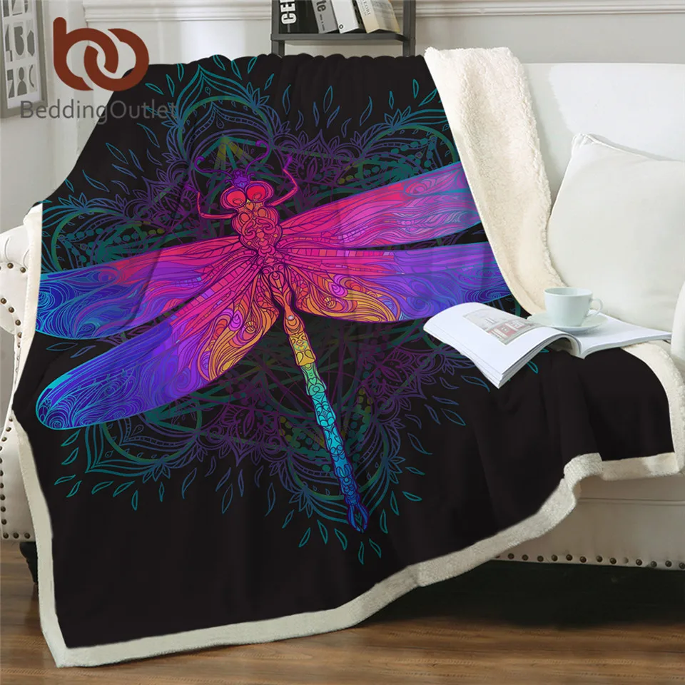 BeddingOutlet Dragonfly Mandala Sherpa Blanket Colorful Bedspread Boho Purple Pink Insect Velvet Plush Beds Blanket 150x200cm