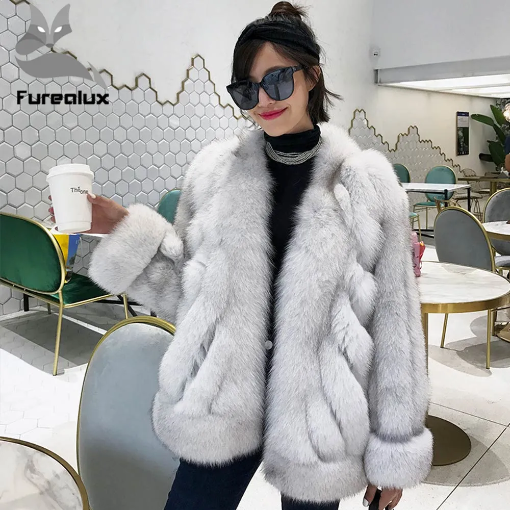Furealux Новинка натуральное меховое пальто Женская куртка из лисьего меха Роскошная теплая Модная шуба из натурального Лисьего меха женская зимняя свободная стильная