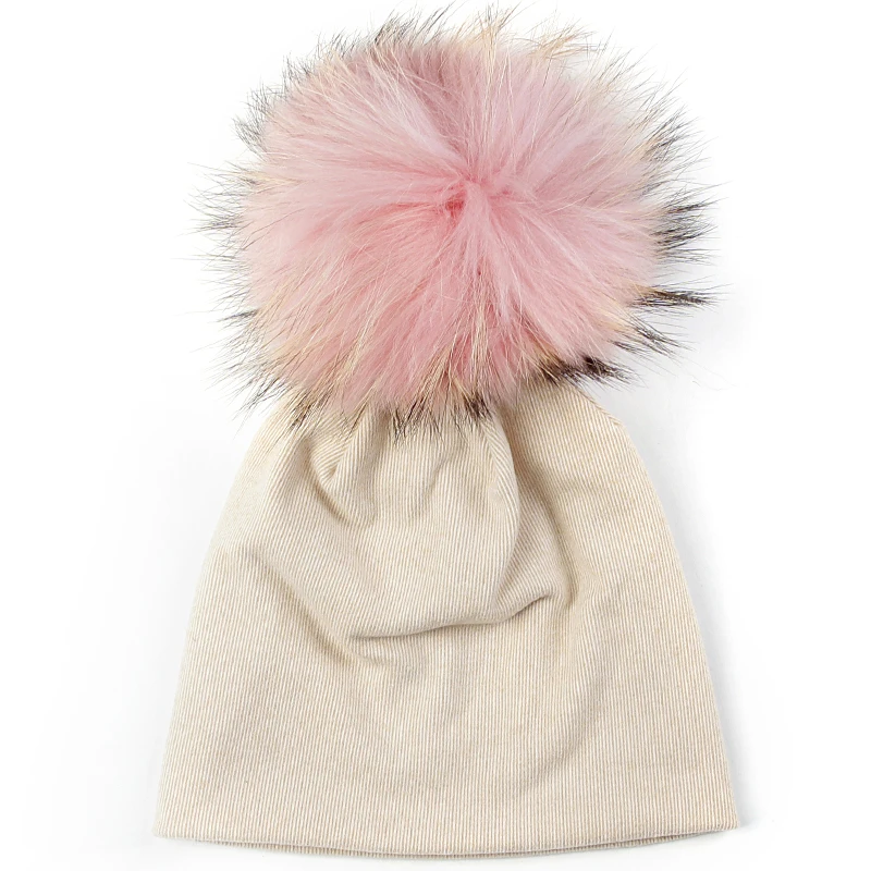 beige pink Geebro/Детские шапочки для мальчиков и девочек, зимние теплые шапочки для новорожденных, шапки унисекс с черепом для 0-9 месяцев, с помпоном из натурального меха 15 см - Цвет: beige pink